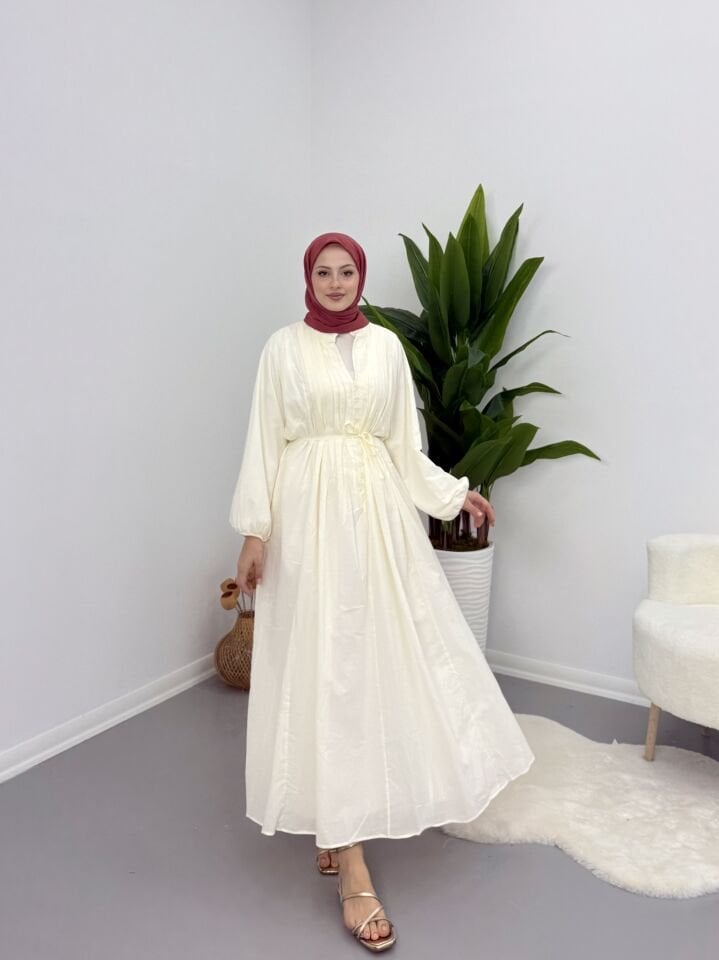 Modal Kumaş Düğmeli Astarlı Elbise Kırık Beyaz L