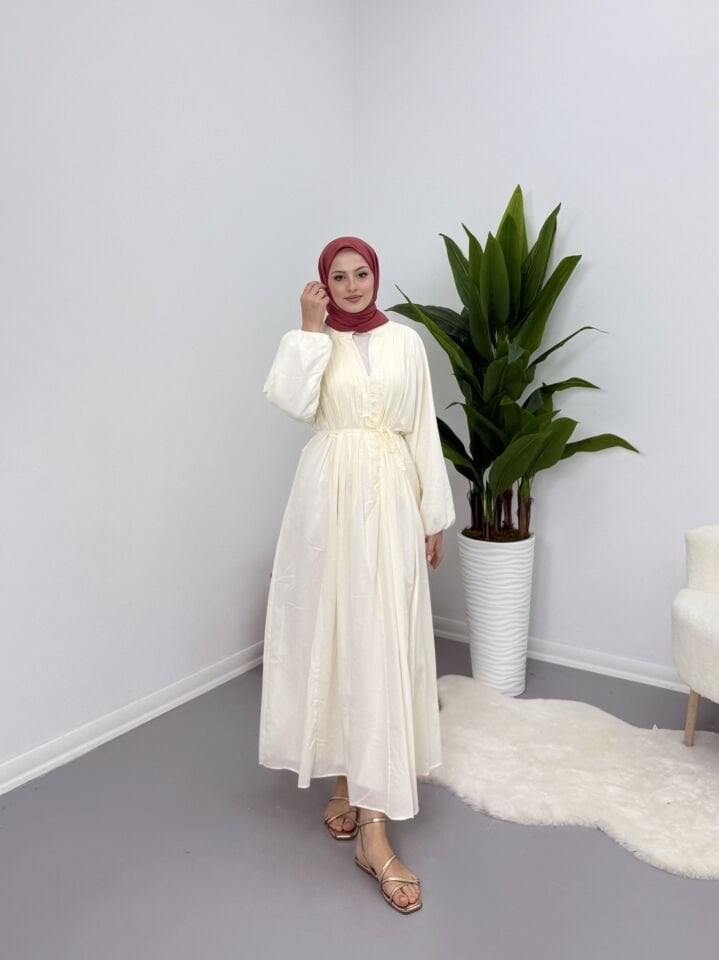 Modal Kumaş Düğmeli Astarlı Elbise Kırık Beyaz L