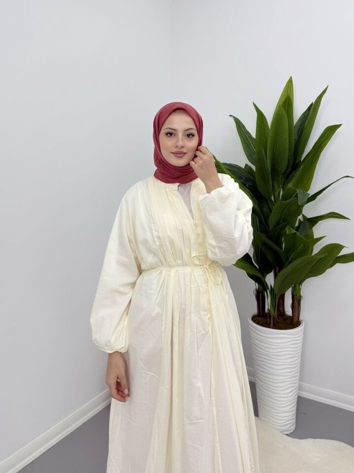 Modal Kumaş Düğmeli Astarlı Elbise Kırık Beyaz S