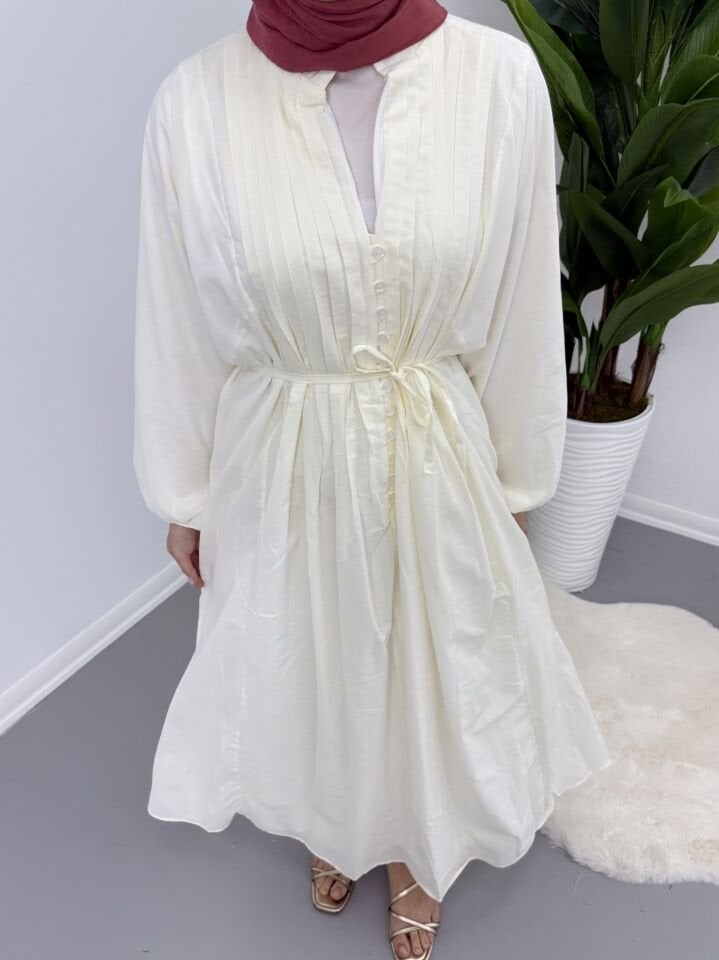 Modal Kumaş Düğmeli Astarlı Elbise Kırık Beyaz L