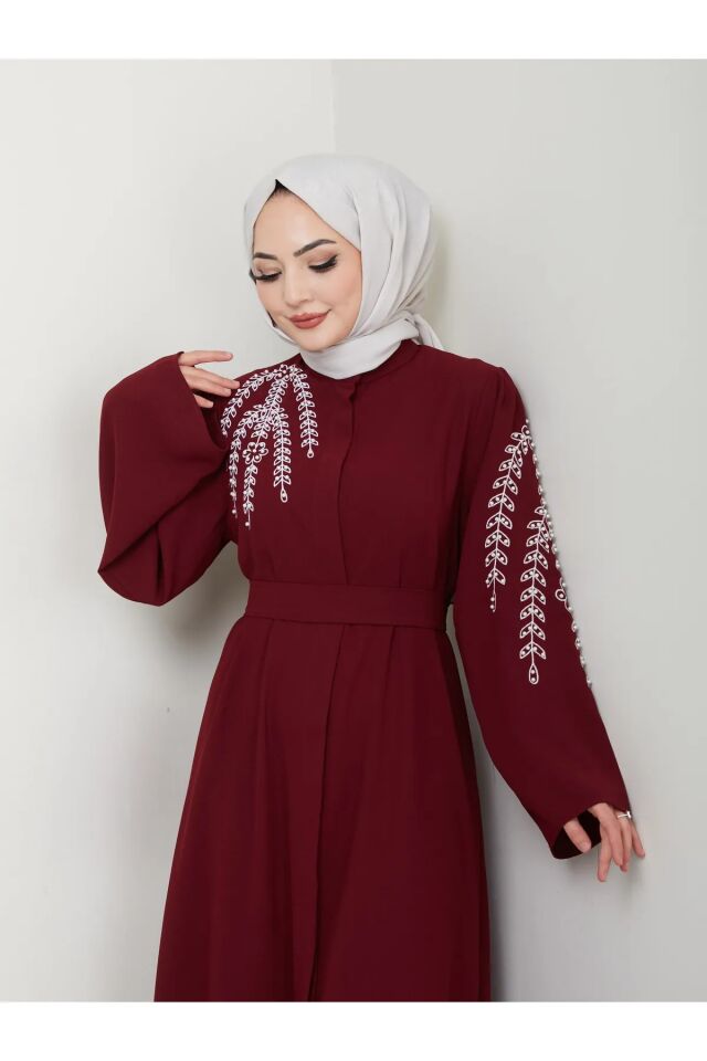 Yaprak Nakışlı Abaya Ferace Elbise Bordo 4XL