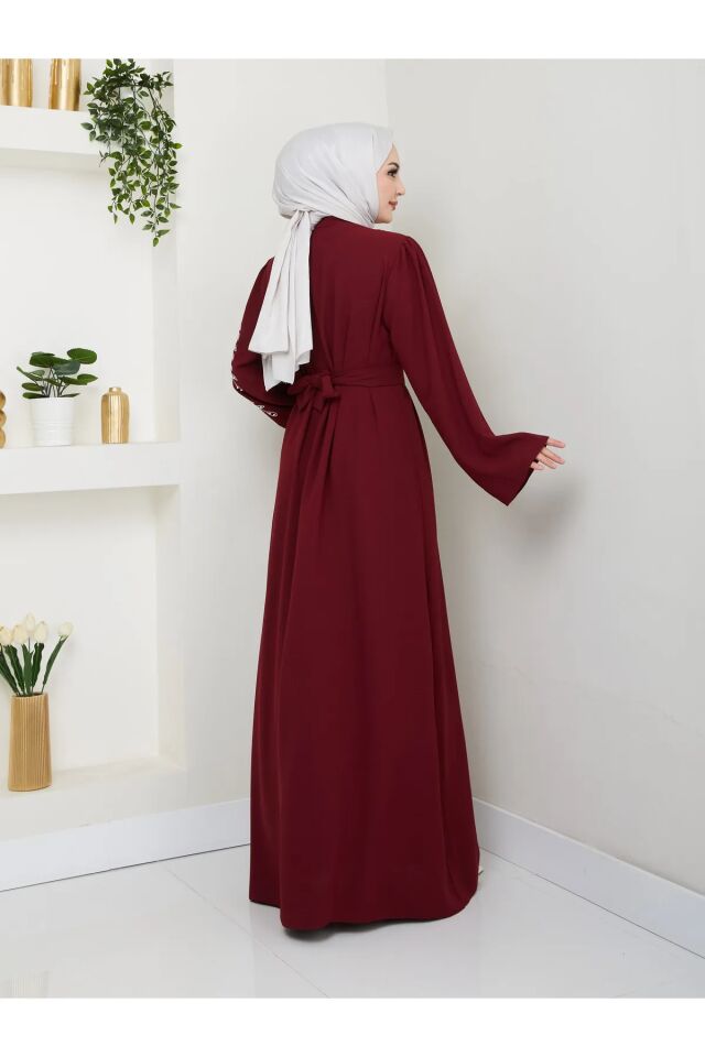 Yaprak Nakışlı Abaya Ferace Elbise Bordo 4XL