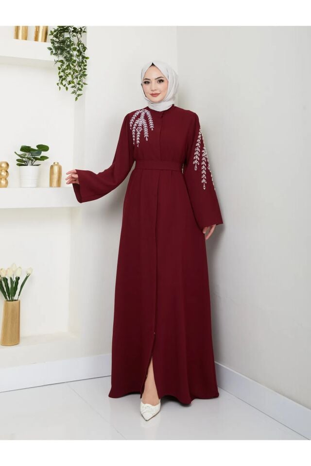 Yaprak Nakışlı Abaya Ferace Elbise Bordo 4XL