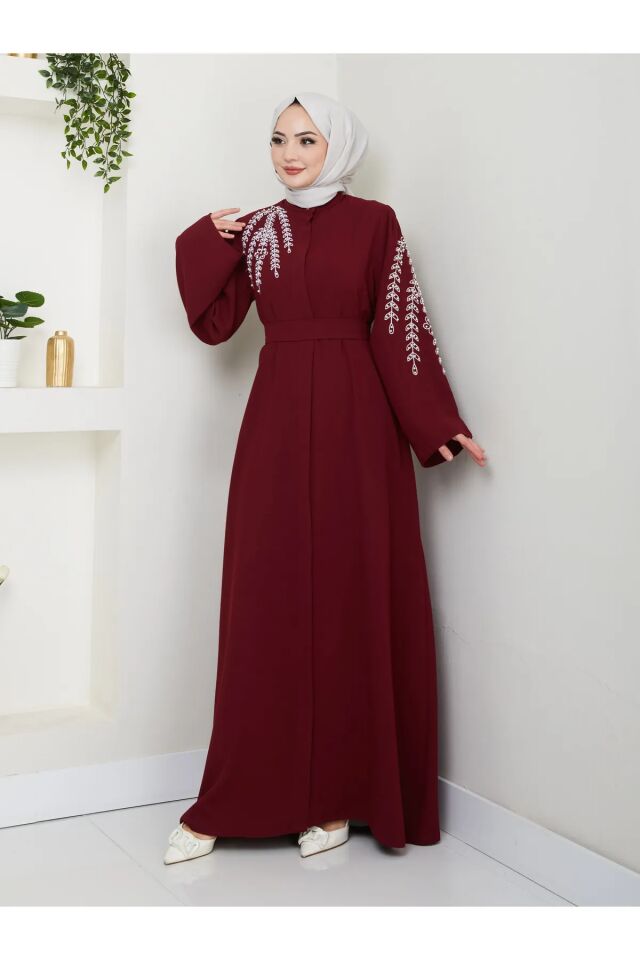 Yaprak Nakışlı Abaya Ferace Elbise Bordo 4XL