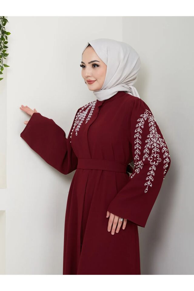 Yaprak Nakışlı Abaya Ferace Elbise Bordo 4XL