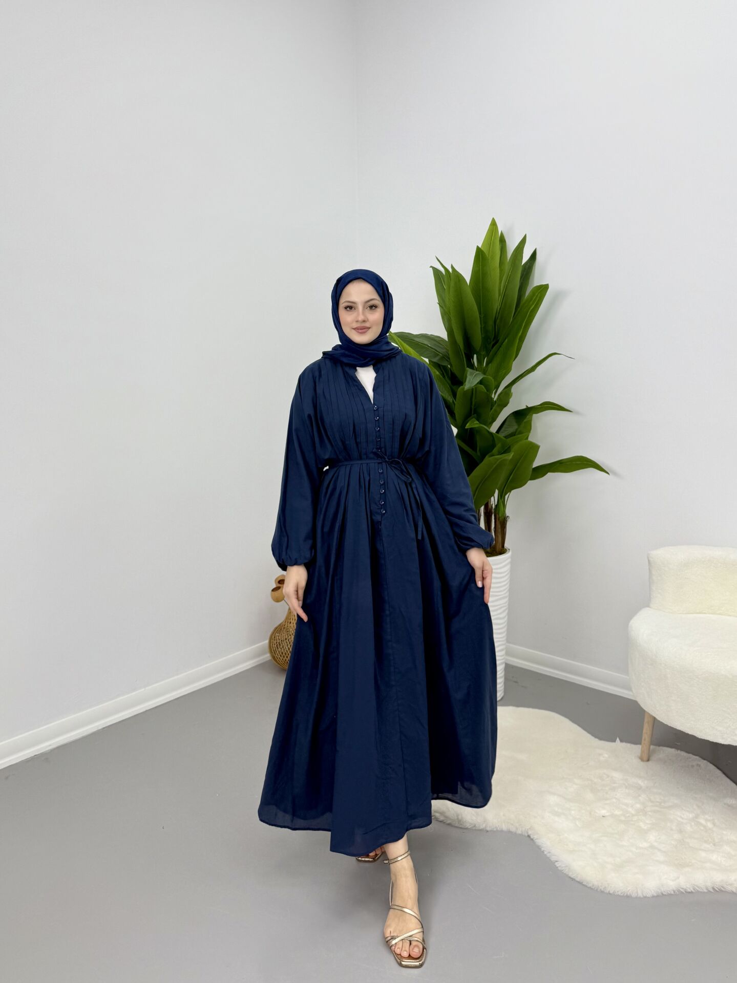 Modal Kumaş Düğmeli Astarlı Elbise Lacivert S