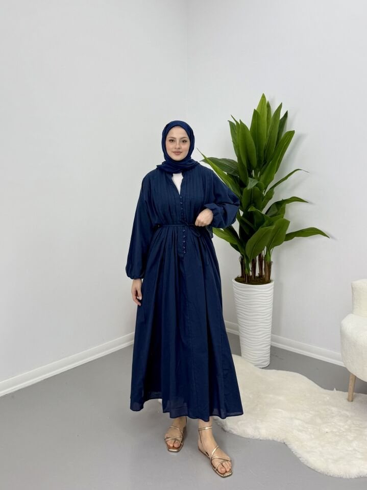 Modal Kumaş Düğmeli Astarlı Elbise Lacivert L