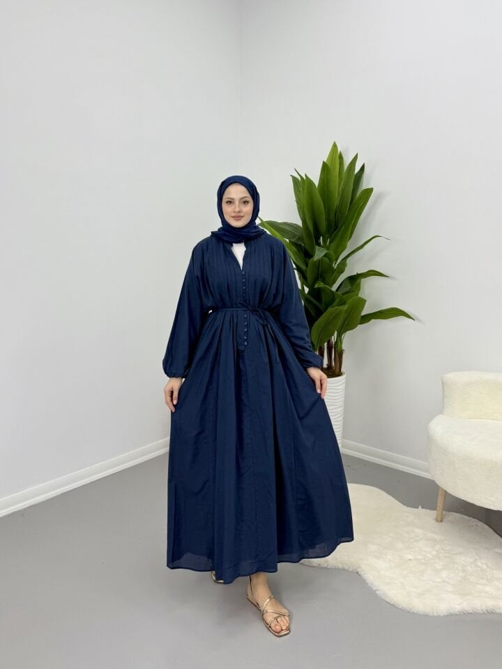 Modal Kumaş Düğmeli Astarlı Elbise Lacivert L