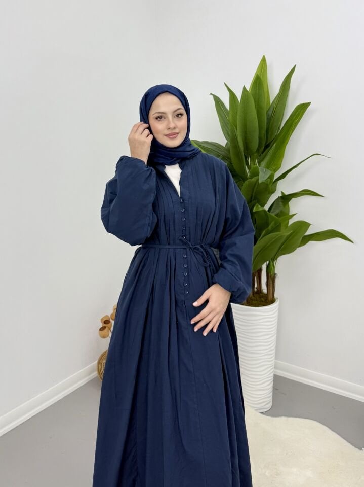 Modal Kumaş Düğmeli Astarlı Elbise Lacivert L