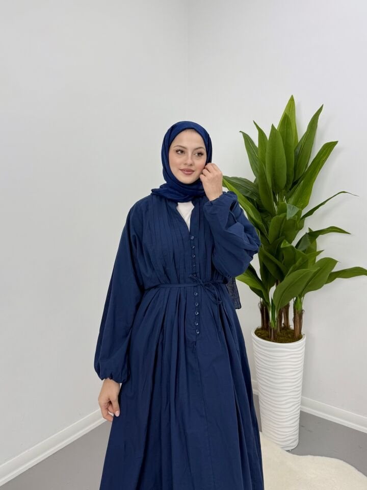 Modal Kumaş Düğmeli Astarlı Elbise Lacivert L