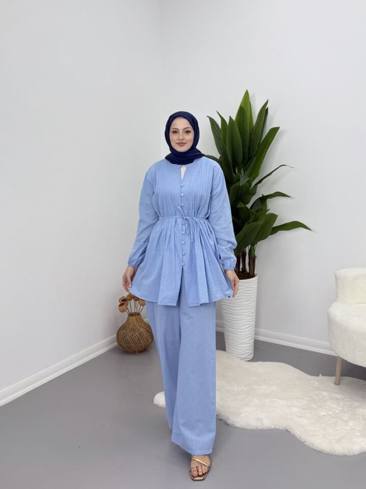 Premium Keten Piliseli Pantolonlu Takım Mavi L