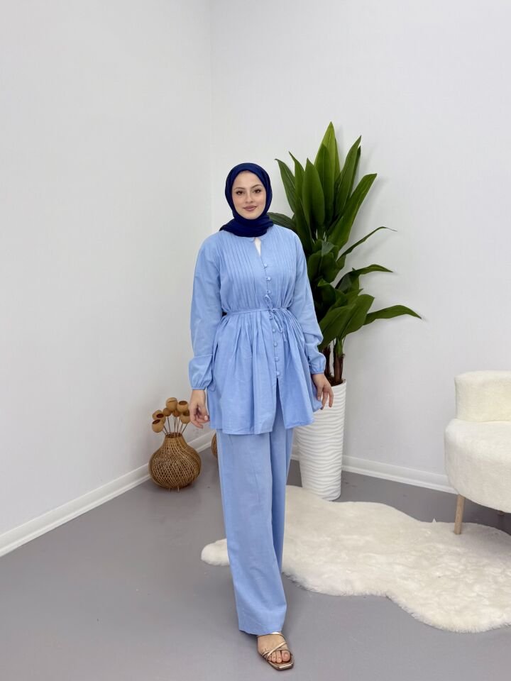 Premium Keten Piliseli Pantolonlu Takım Mavi L