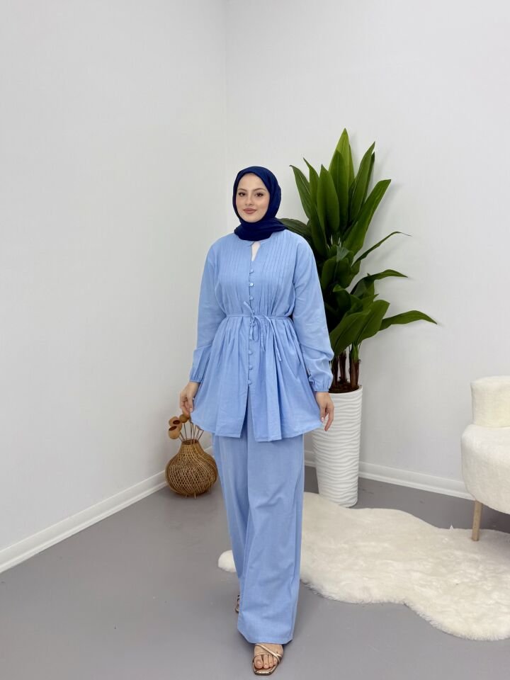 Premium Keten Piliseli Pantolonlu Takım Mavi L