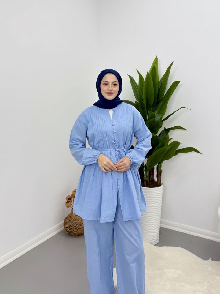 Premium Keten Piliseli Pantolonlu Takım Mavi L