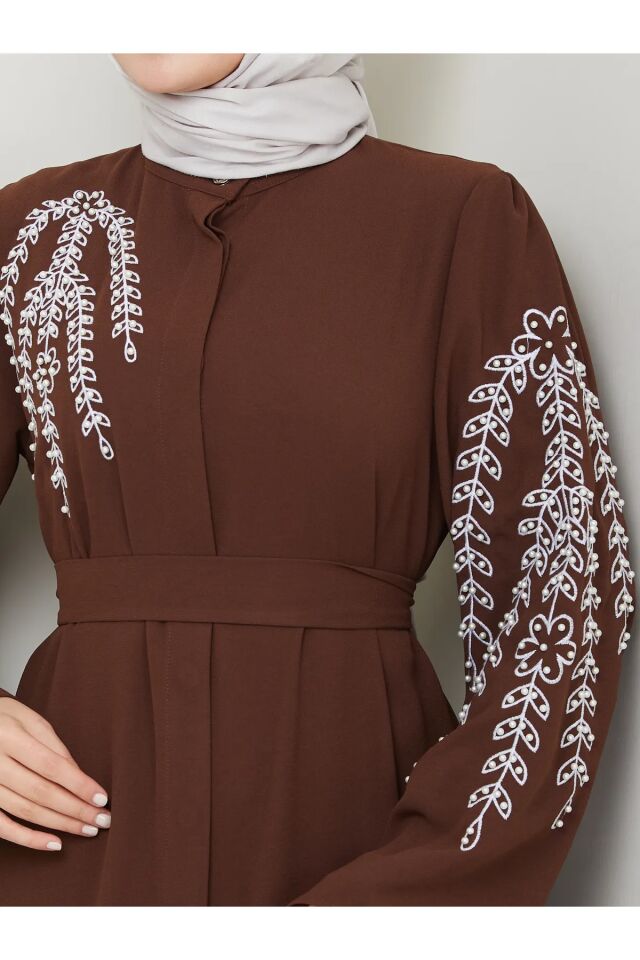 Yaprak Nakışlı Abaya Ferace Elbise Kahverengi 4XL