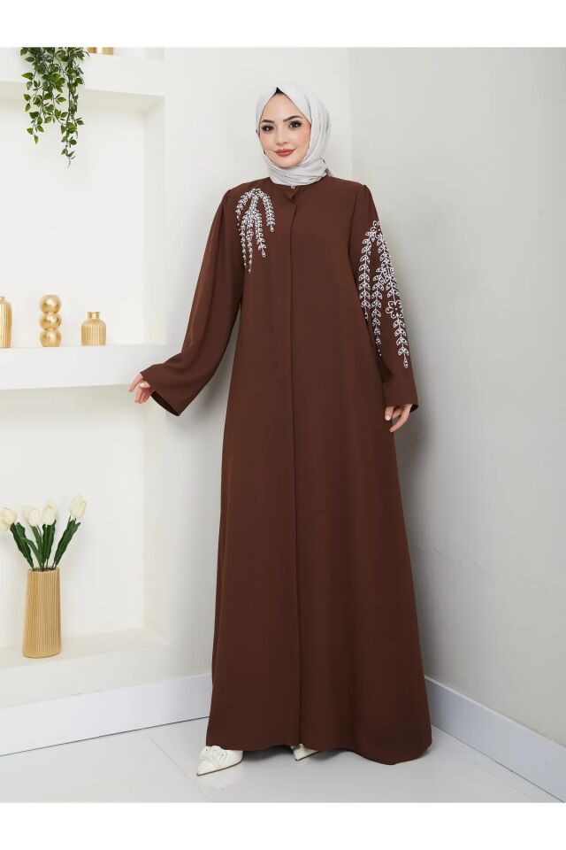 Yaprak Nakışlı Abaya Ferace Elbise Kahverengi 4XL