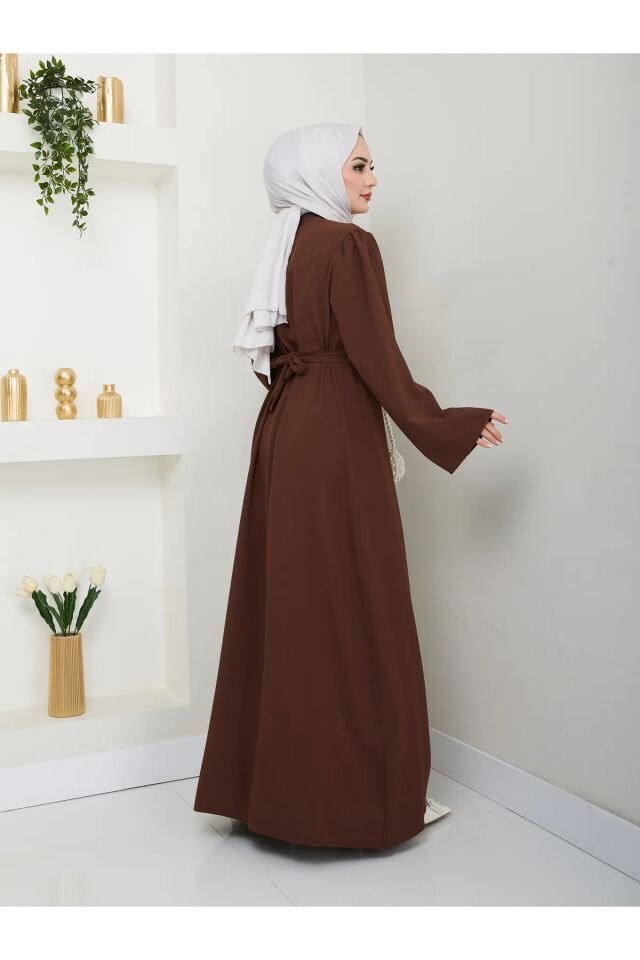 Yaprak Nakışlı Abaya Ferace Elbise Kahverengi 4XL