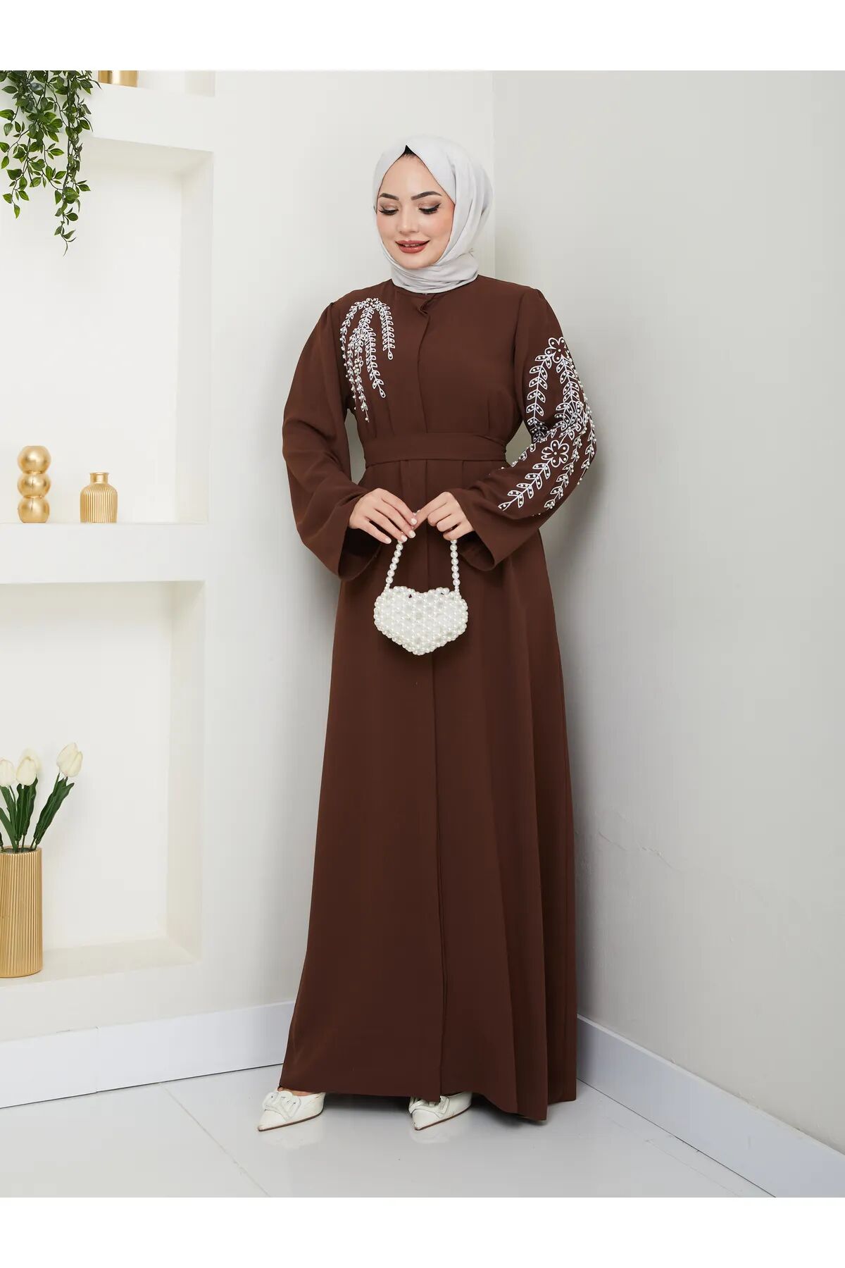 Yaprak Nakışlı Abaya Ferace Elbise Kahverengi 4XL