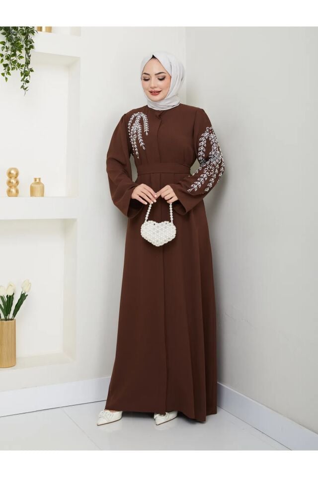 Yaprak Nakışlı Abaya Ferace Elbise Kahverengi 4XL