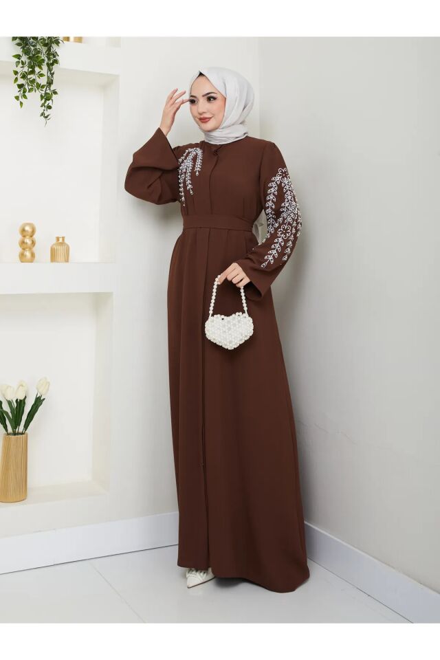 Yaprak Nakışlı Abaya Ferace Elbise Kahverengi 4XL