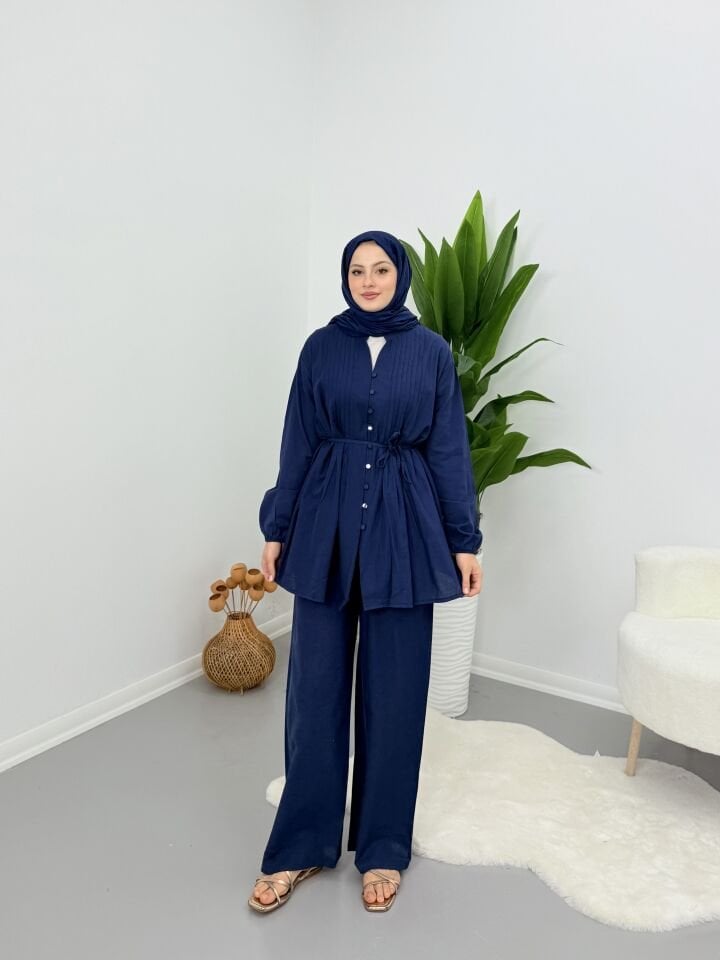 Premium Keten Piliseli Pantolonlu Takım Lacivert XL