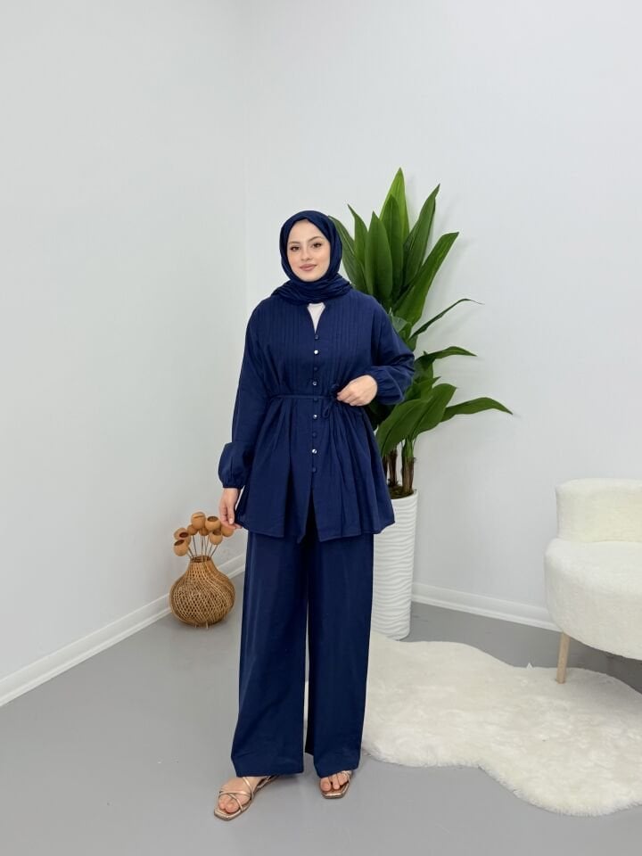 Premium Keten Piliseli Pantolonlu Takım Lacivert XL