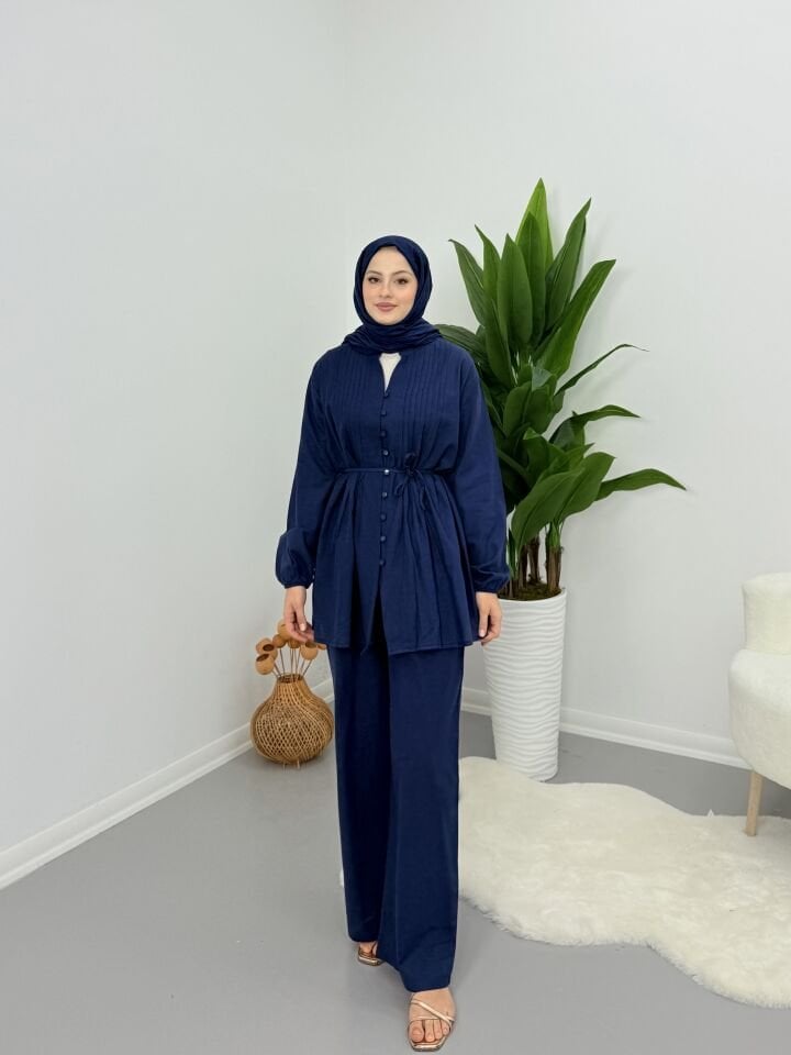 Premium Keten Piliseli Pantolonlu Takım Lacivert XL