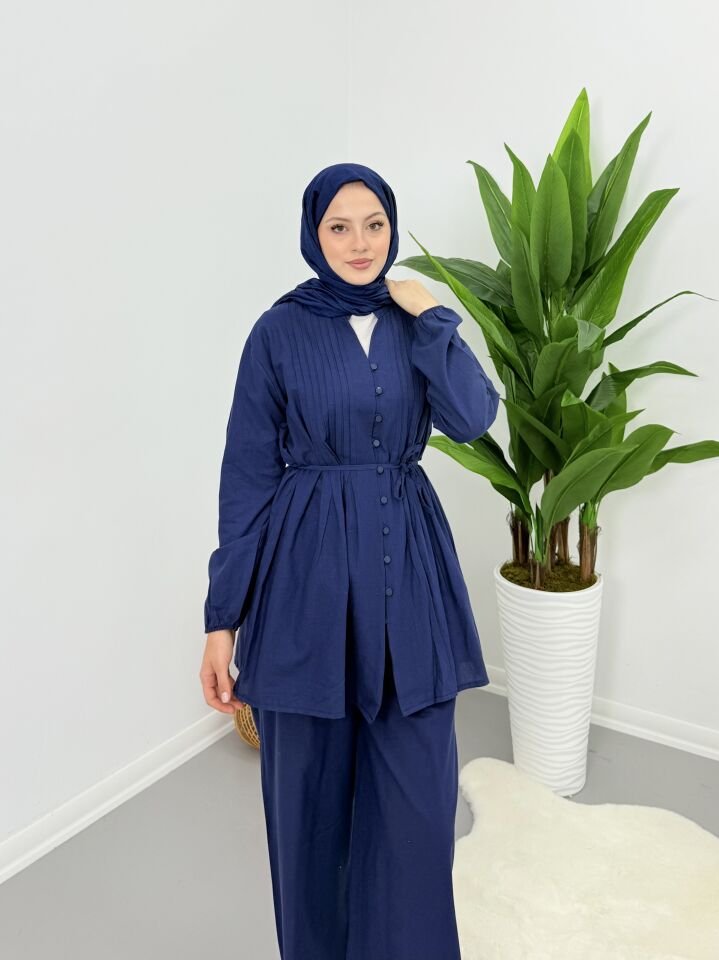 Premium Keten Piliseli Pantolonlu Takım Lacivert XL