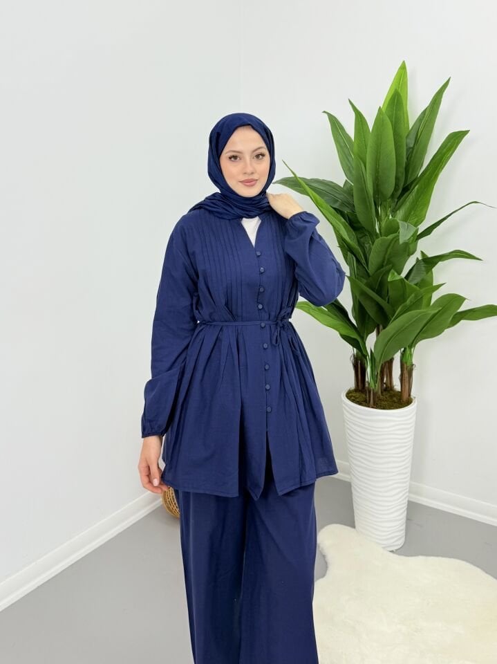 Premium Keten Piliseli Pantolonlu Takım Lacivert S