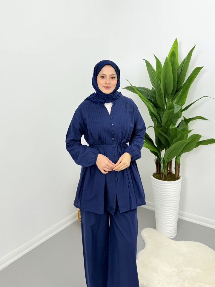 Premium Keten Piliseli Pantolonlu Takım Lacivert S