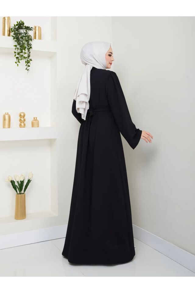 Yaprak Nakışlı Abaya Ferace Elbise Siyah 4XL