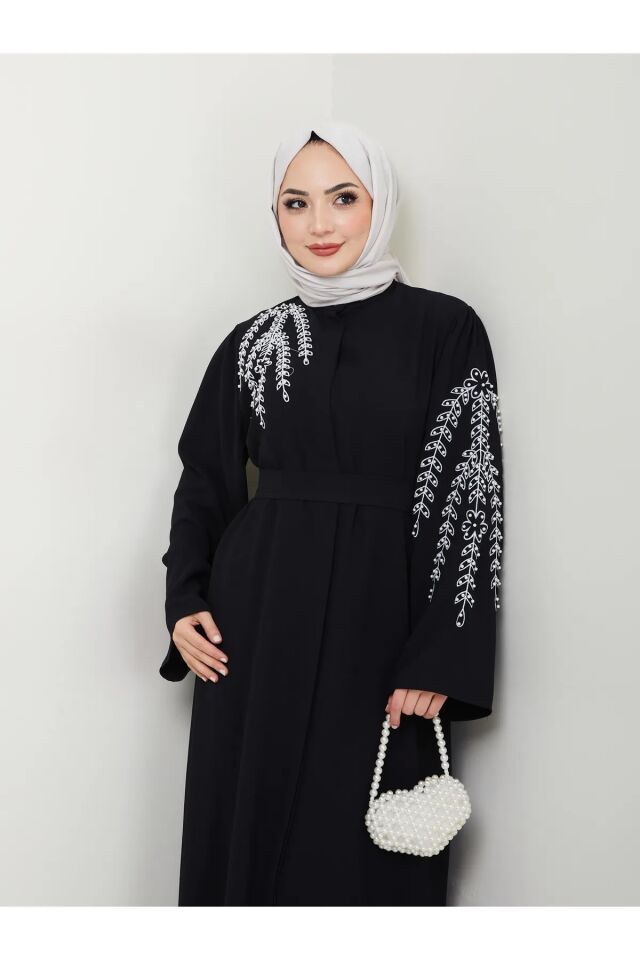 Yaprak Nakışlı Abaya Ferace Elbise Siyah 4XL