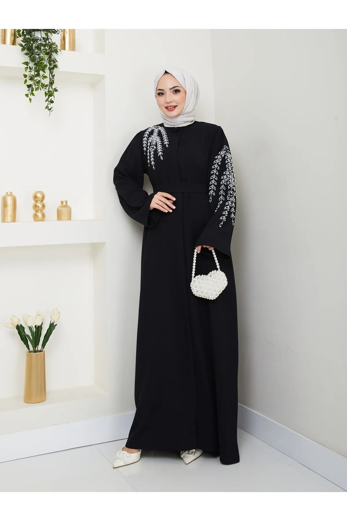 Yaprak Nakışlı Abaya Ferace Elbise Siyah 4XL