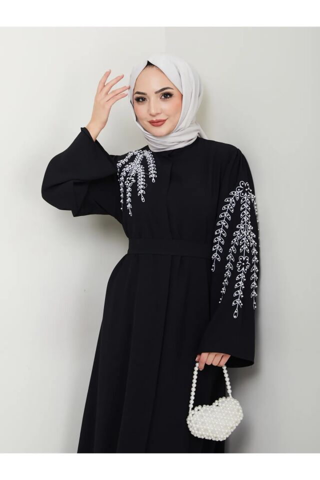 Yaprak Nakışlı Abaya Ferace Elbise Siyah 4XL