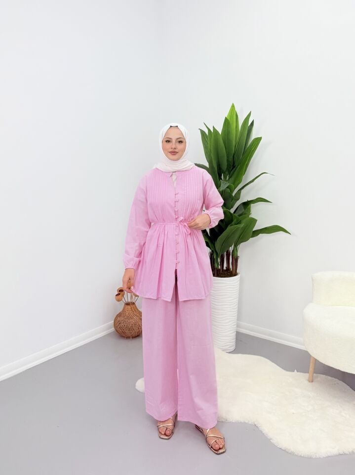Premium Piliseli Keten Pantolonlu Takım Pembe S
