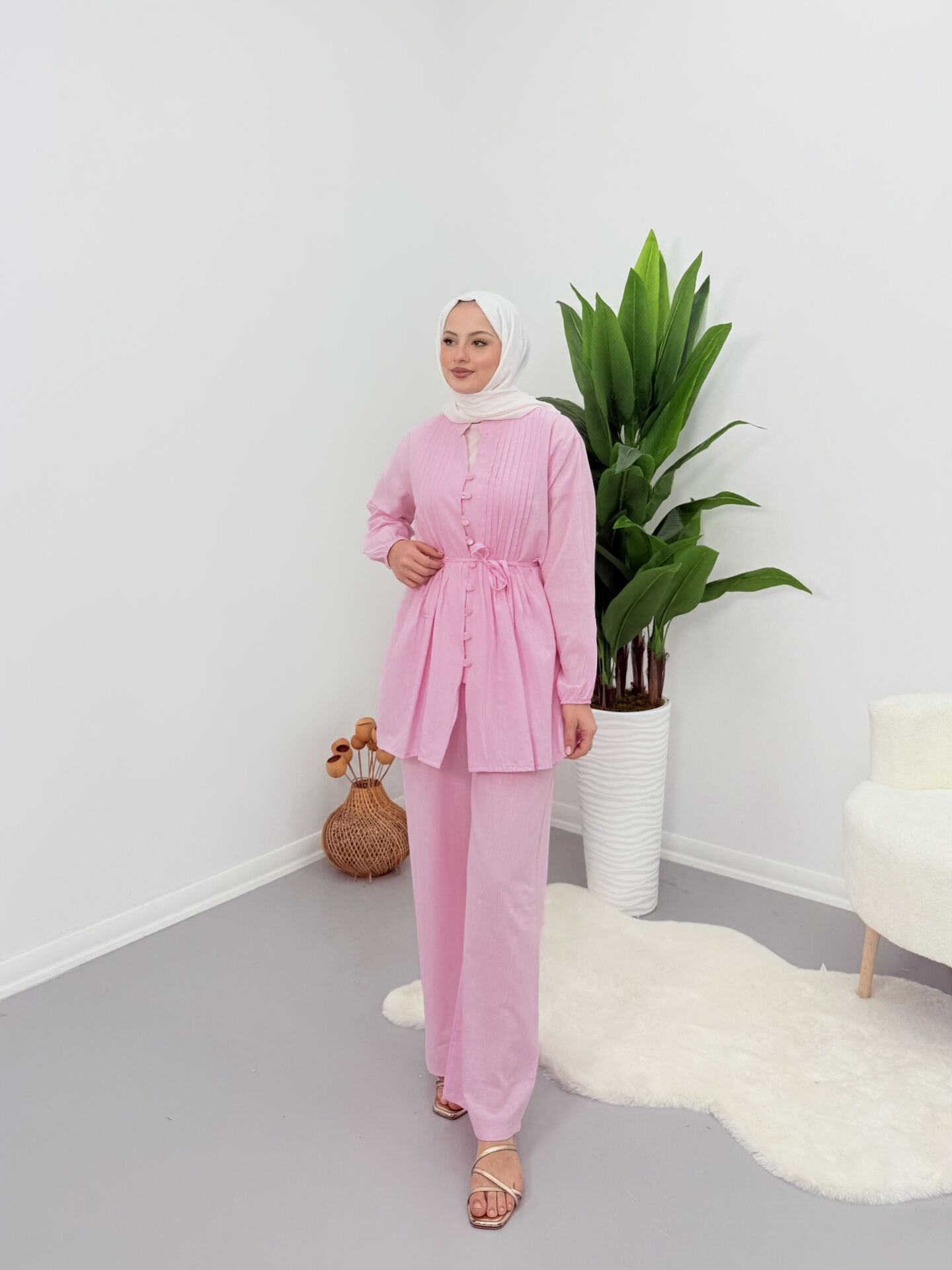 Premium Piliseli Keten Pantolonlu Takım Pembe S