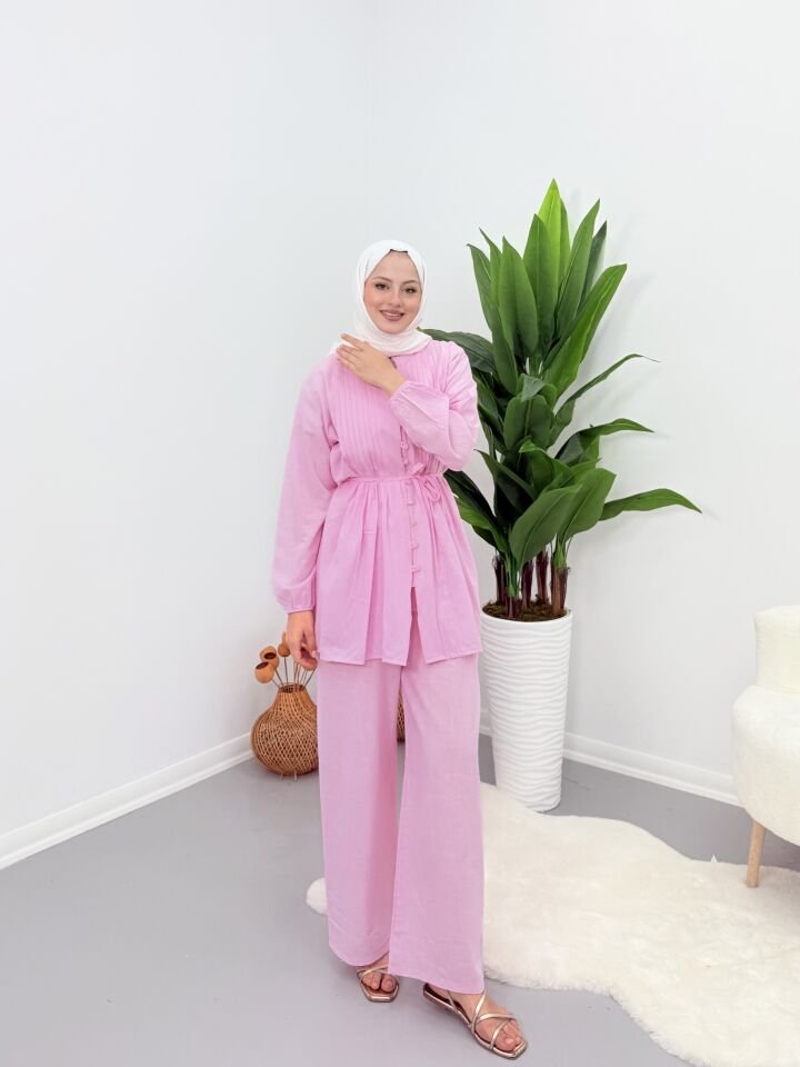 Premium Piliseli Keten Pantolonlu Takım Pembe S