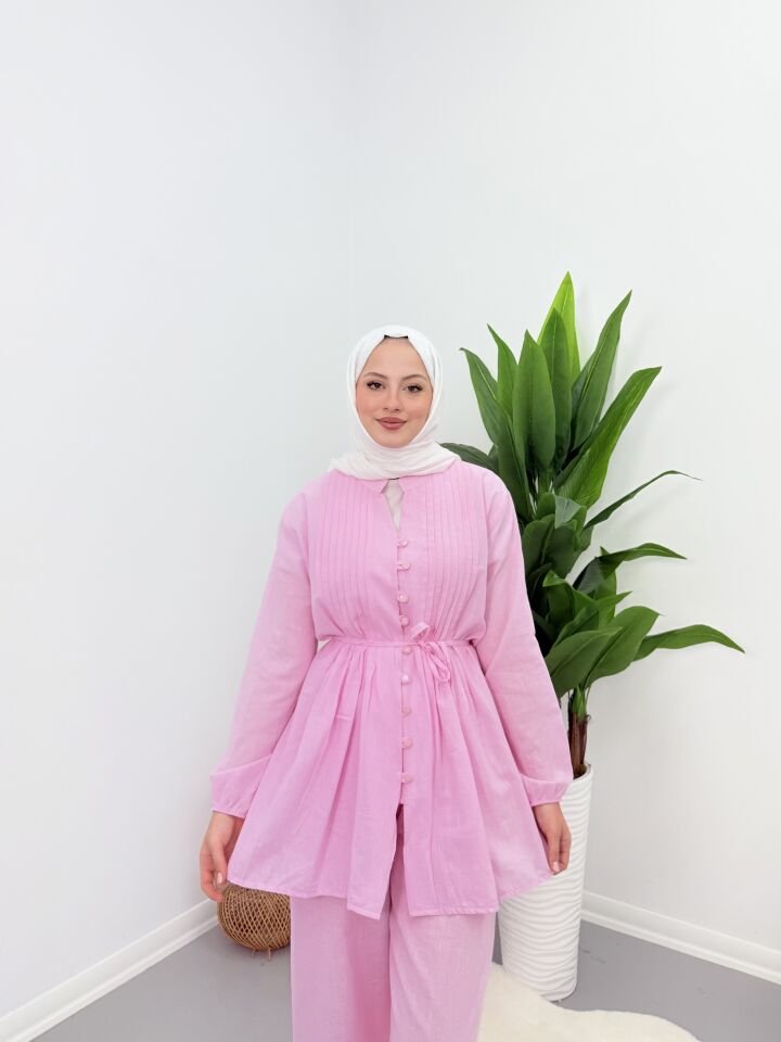 Premium Piliseli Keten Pantolonlu Takım Pembe S