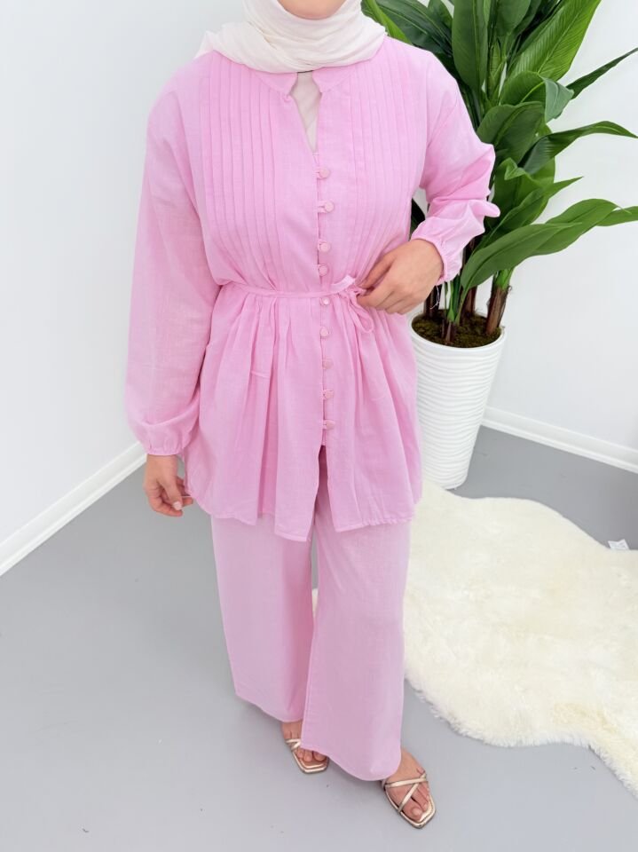 Premium Piliseli Keten Pantolonlu Takım Pembe S