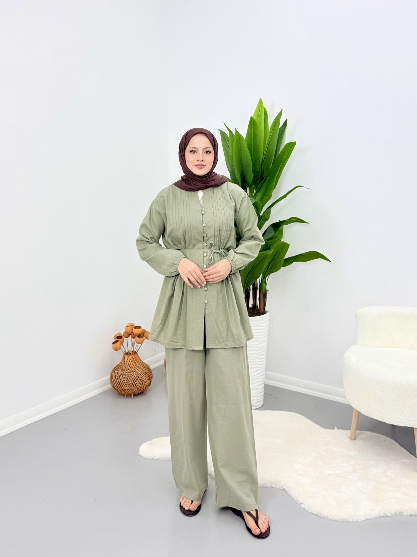 Premium Piliseli Keten Pantolonlu Takım Yeşil S