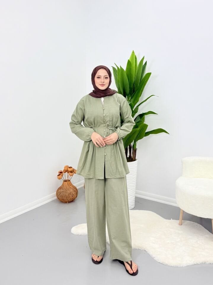 Premium Piliseli Keten Pantolonlu Takım Yeşil S