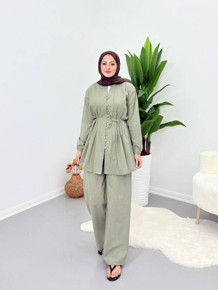 Premium Piliseli Keten Pantolonlu Takım Yeşil S