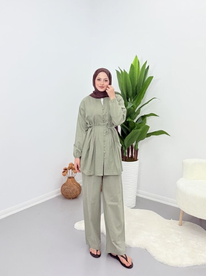 Premium Piliseli Keten Pantolonlu Takım Yeşil S