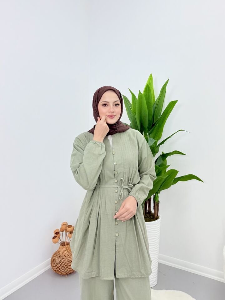 Premium Piliseli Keten Pantolonlu Takım Yeşil S