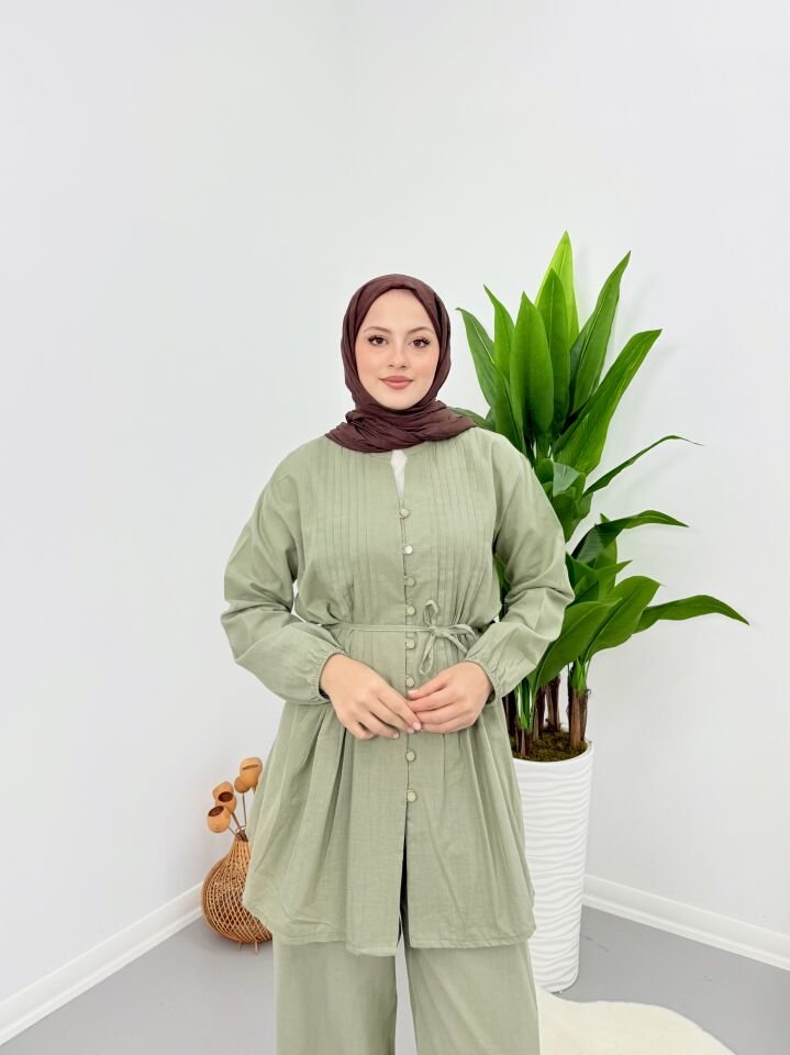 Premium Piliseli Keten Pantolonlu Takım Yeşil S