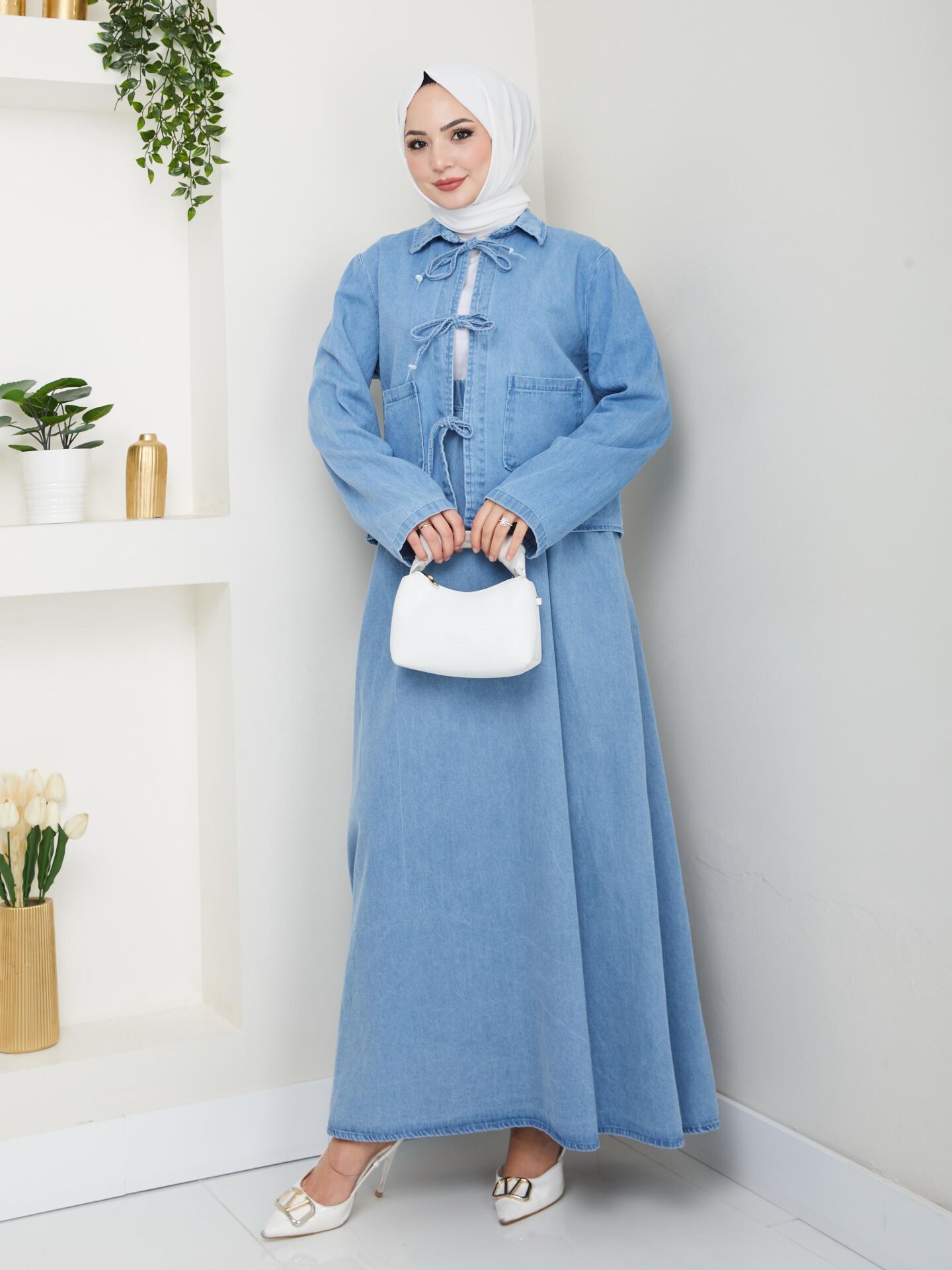 Kadın Fiyonklu Etekli Kot Takım Açık Mavi 4XL
