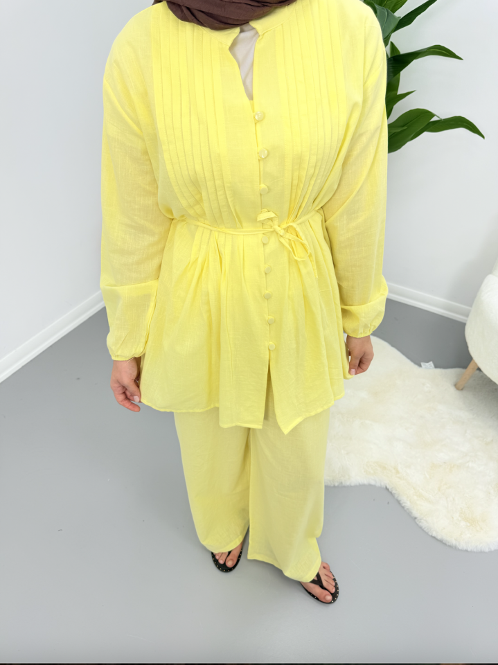 Premium Piliseli Keten Pantolonlu Takım Sarı S