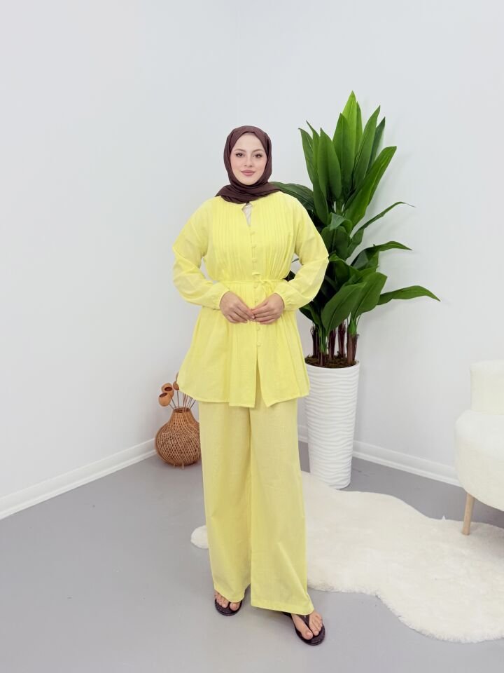 Premium Piliseli Keten Pantolonlu Takım Sarı S