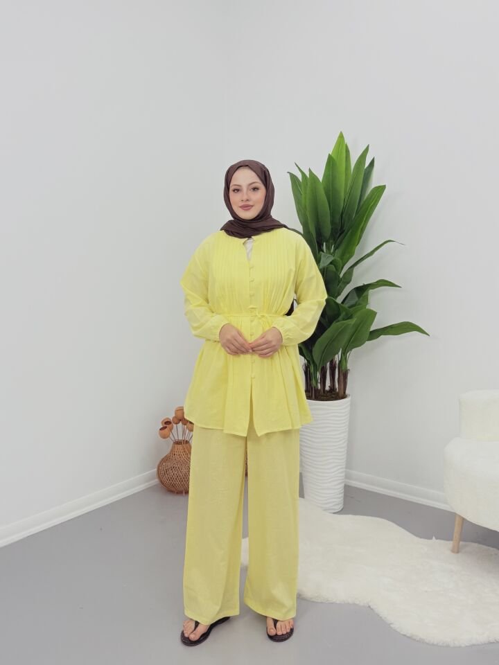 Premium Piliseli Keten Pantolonlu Takım Sarı S