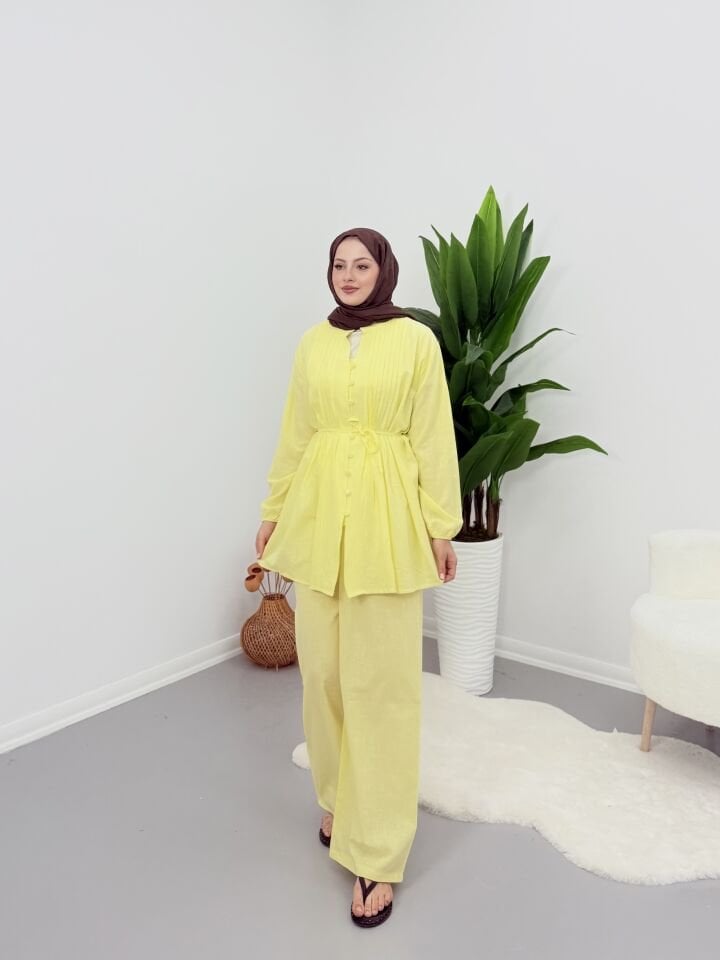 Premium Piliseli Keten Pantolonlu Takım Sarı S